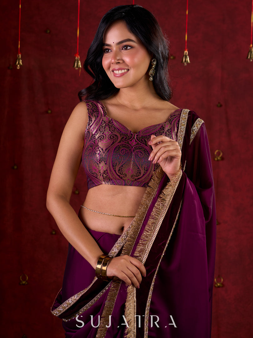 Purple Luxe Brocade Blouse with Sweetheart Neckline and Stylish Back Strings