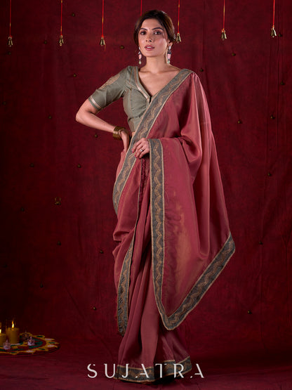 Soft Pink Silk Blend Saree with Intricate Green Chanderi Embroidered Border