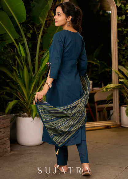Teal Blue Cotton Kurta with Side Pockets & Hand Painting on Neckline