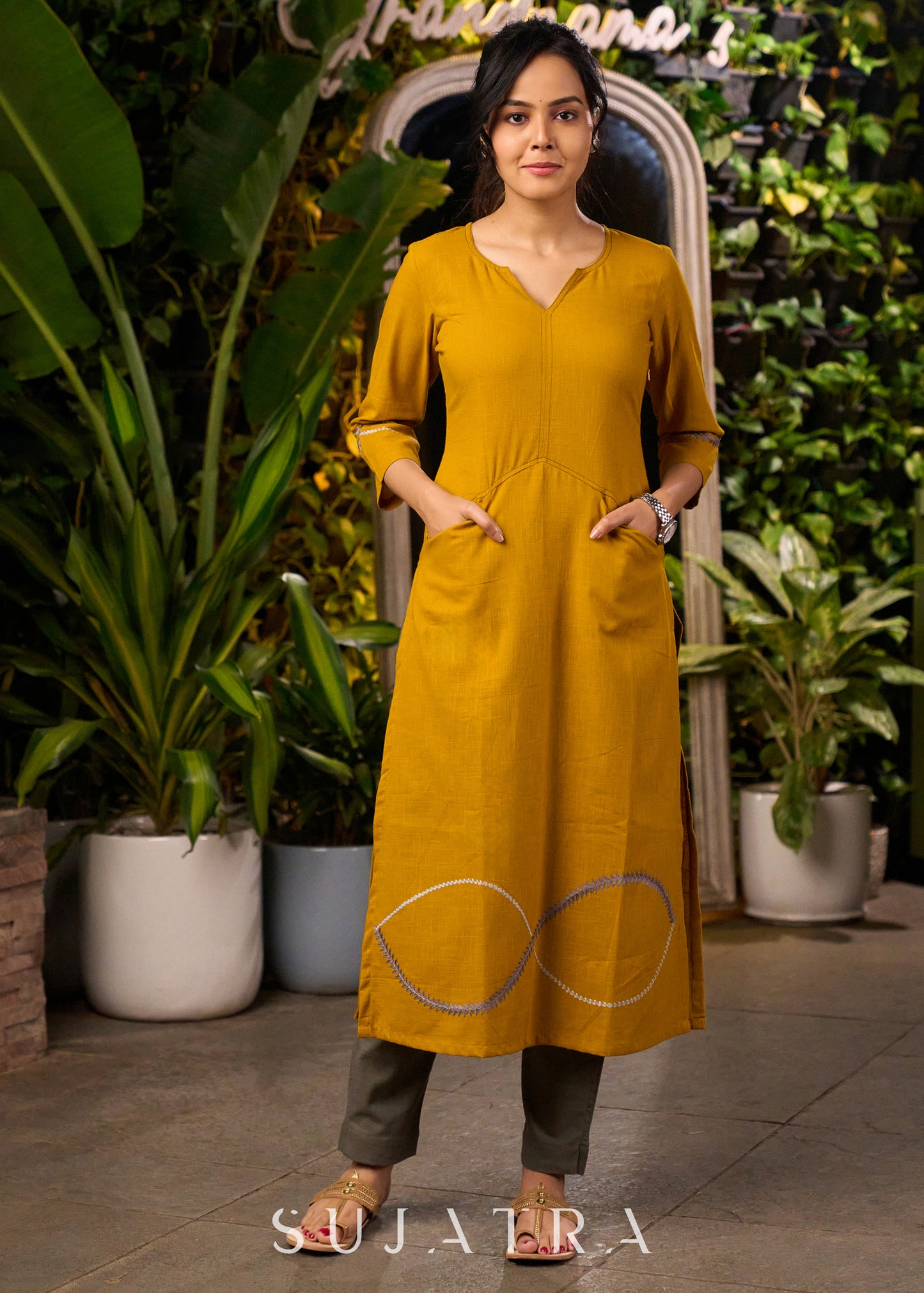Mustard Yellow Cotton Kurta with Embroidery & Front Pockets