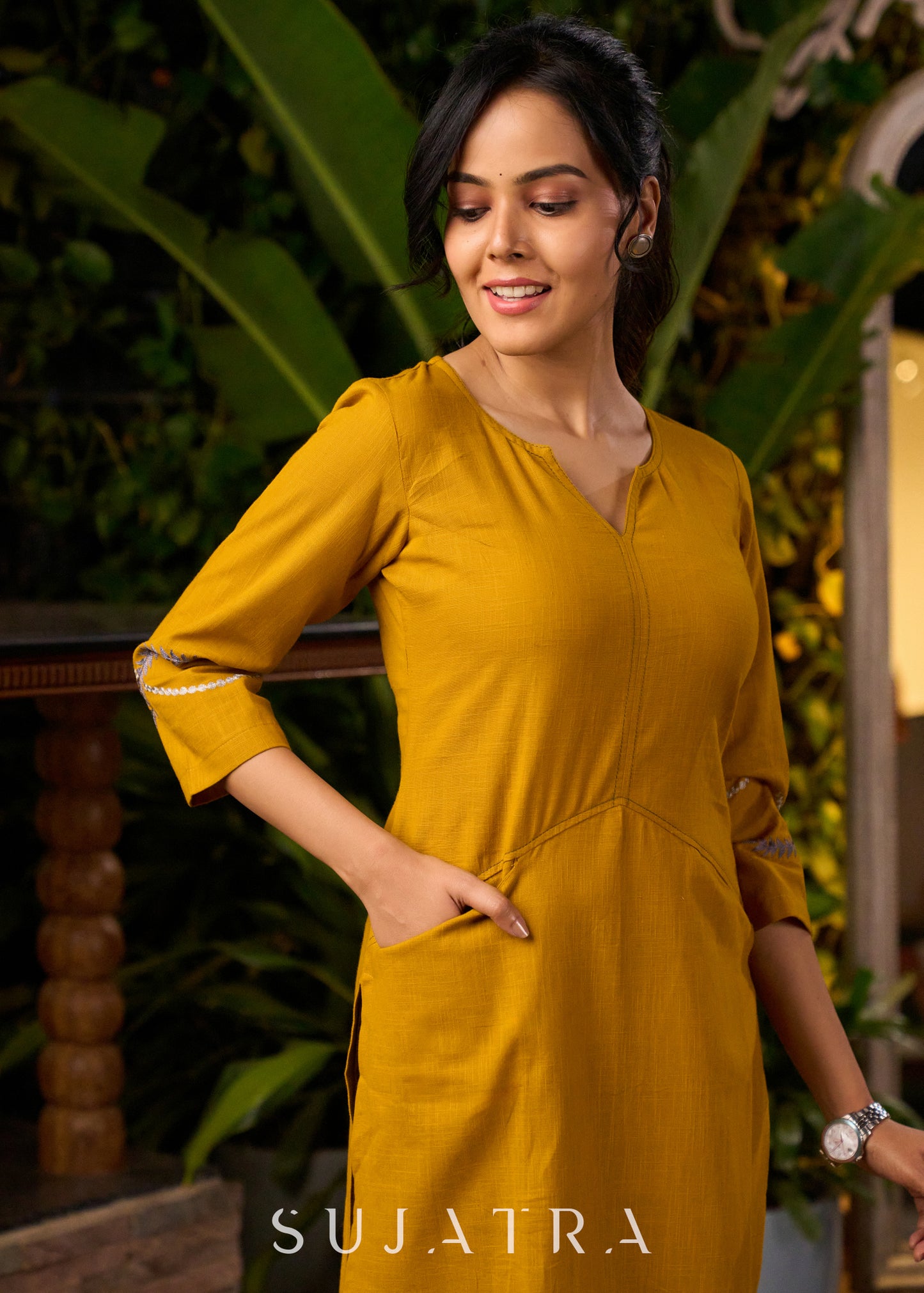 Mustard Yellow Cotton Kurta with Embroidery & Front Pockets