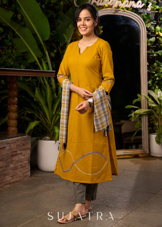 Mustard Yellow Cotton Kurta with Embroidery & Front Pockets