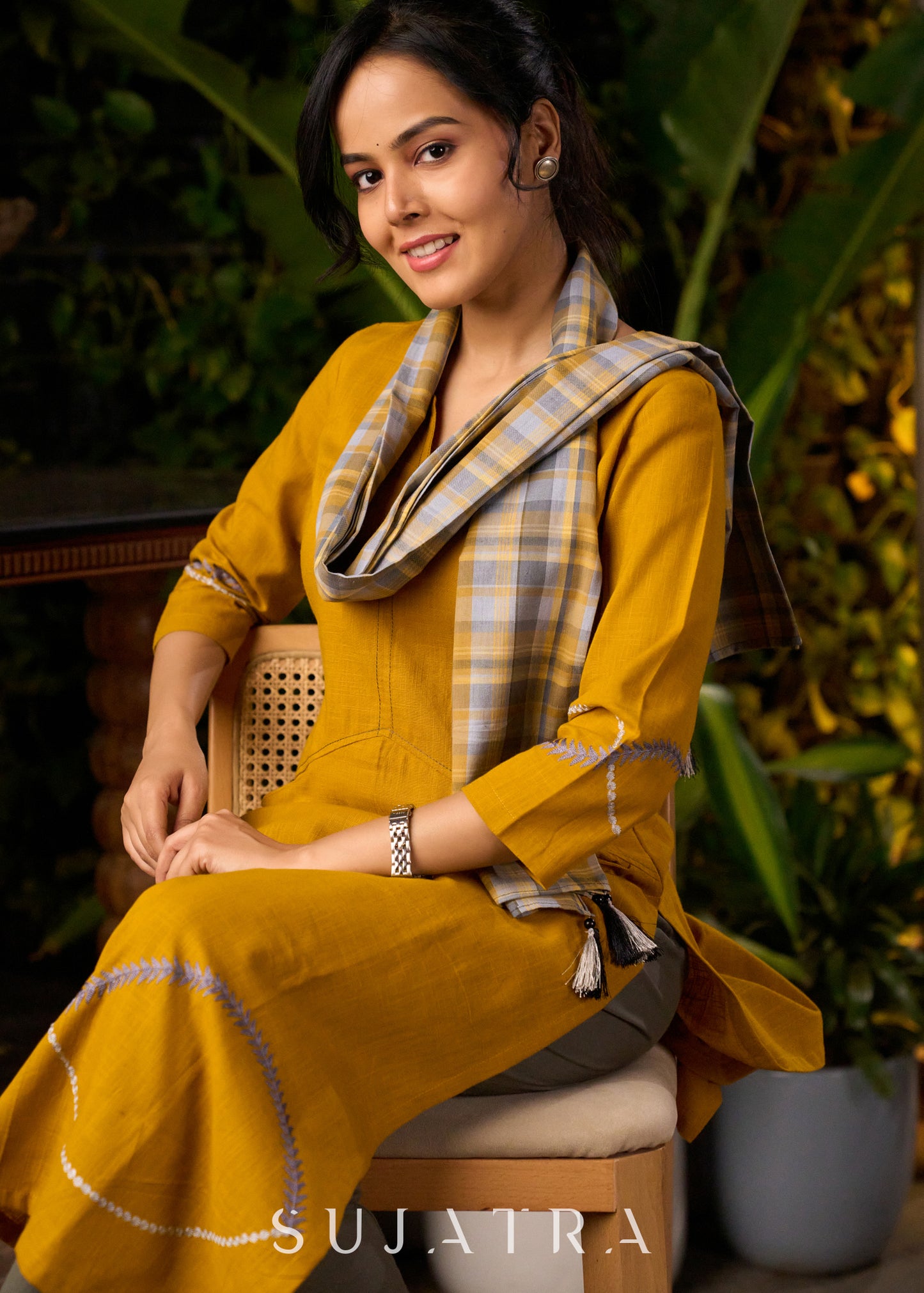 Mustard Yellow Cotton Kurta with Embroidery & Front Pockets
