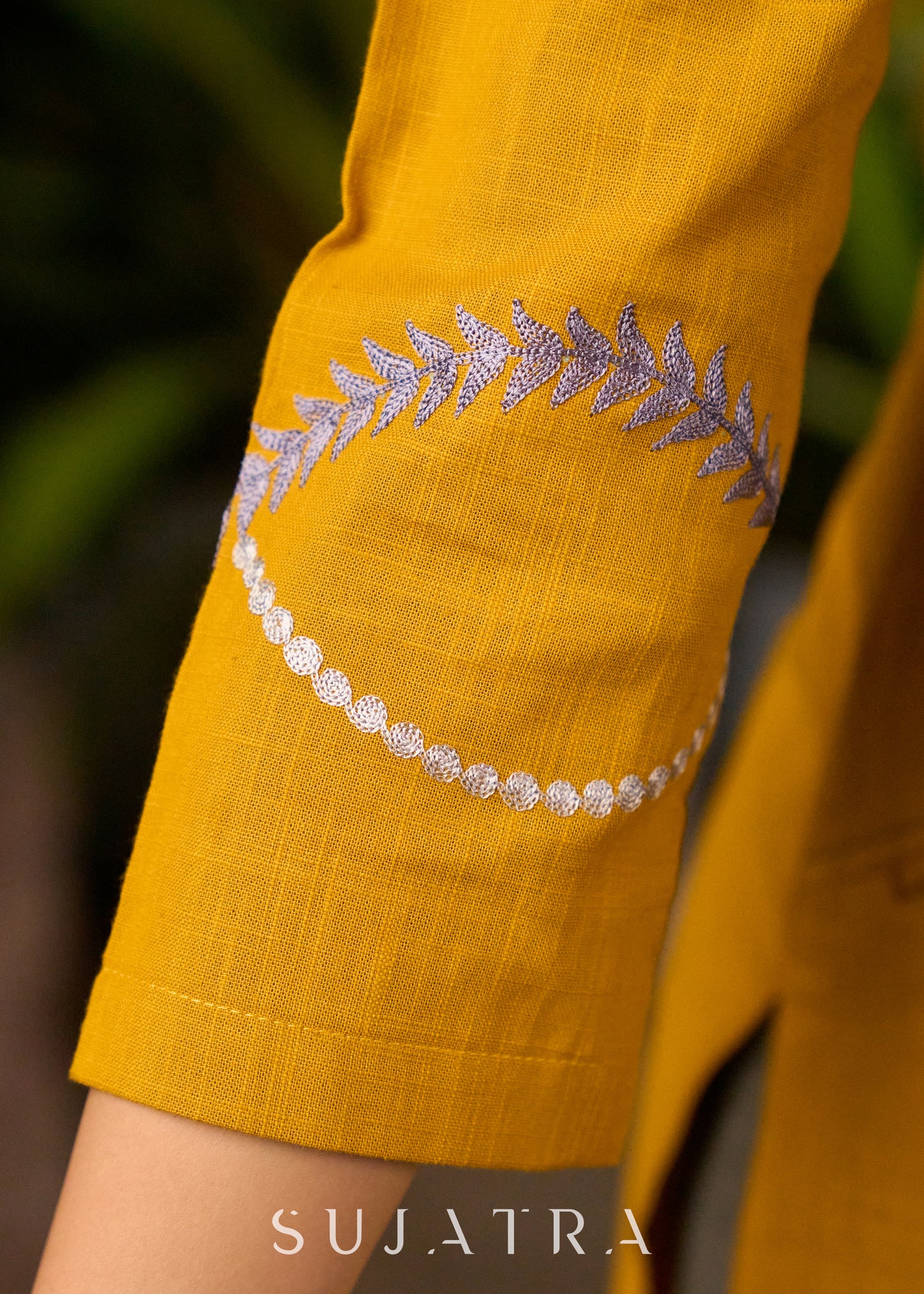 Mustard Yellow Cotton Kurta with Embroidery & Front Pockets