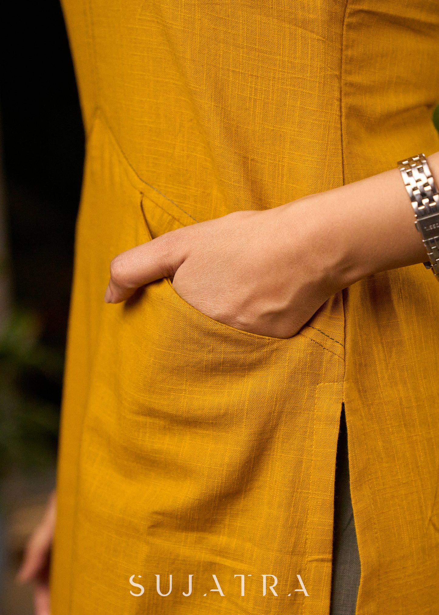 Mustard Yellow Cotton Kurta with Embroidery & Front Pockets