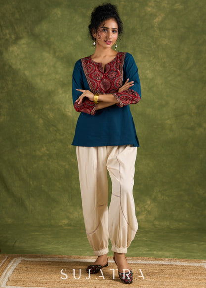 Dussehra Sale — Trendy Teal Cotton Ajrakh Combination Top - Pant Optional