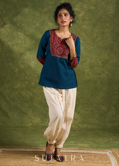 Dussehra Sale — Trendy Teal Cotton Ajrakh Combination Top - Pant Optional