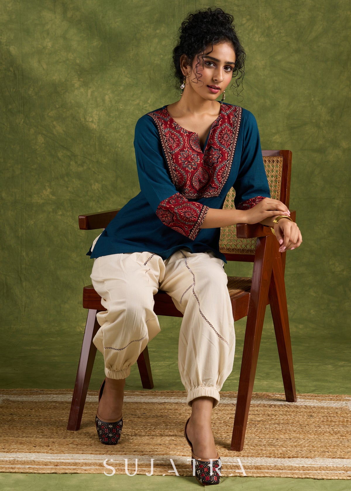 Dussehra Sale — Trendy Teal Cotton Ajrakh Combination Top - Pant Optional