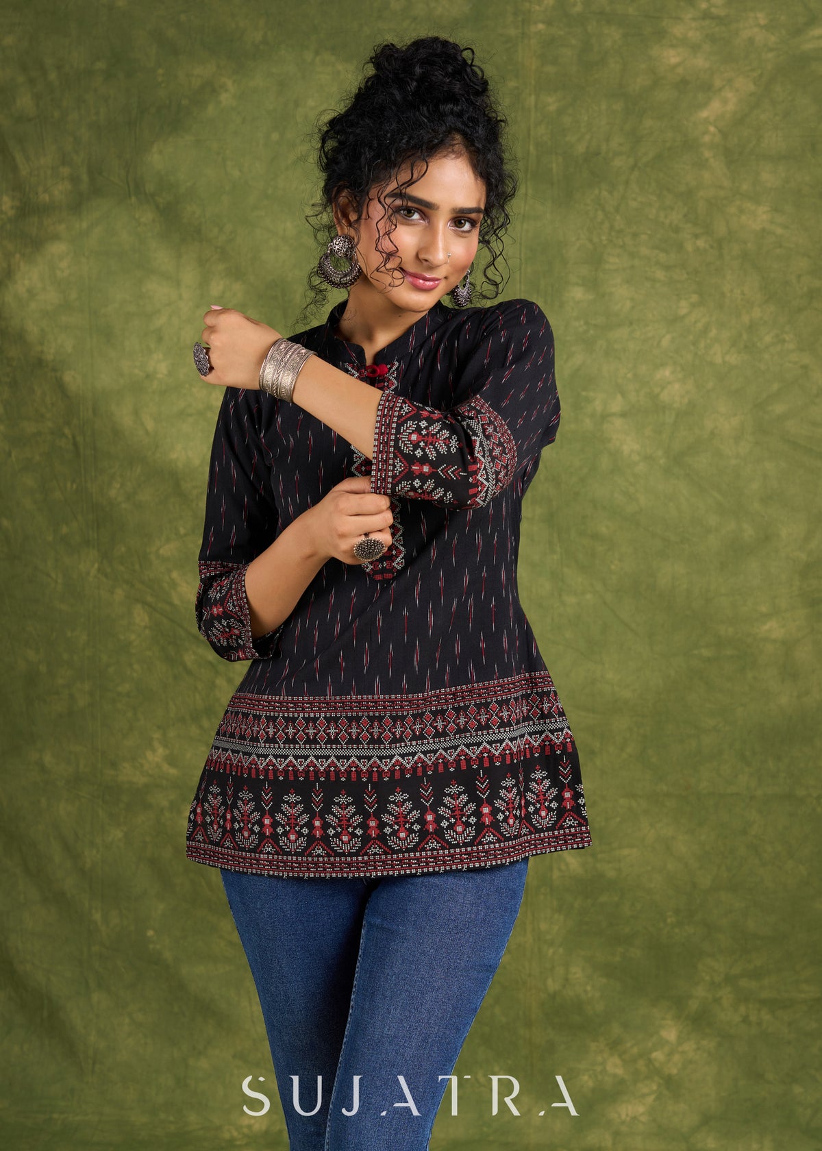 Dussehra Sale — Black Cotton Ikat Top With Vibrant Border