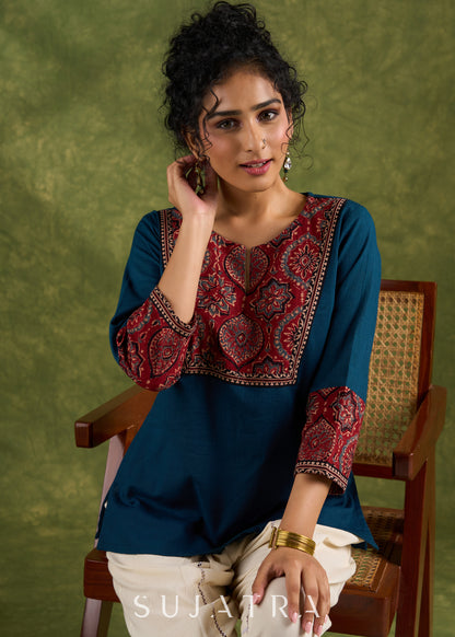 Dussehra Sale — Trendy Teal Cotton Ajrakh Combination Top - Pant Optional