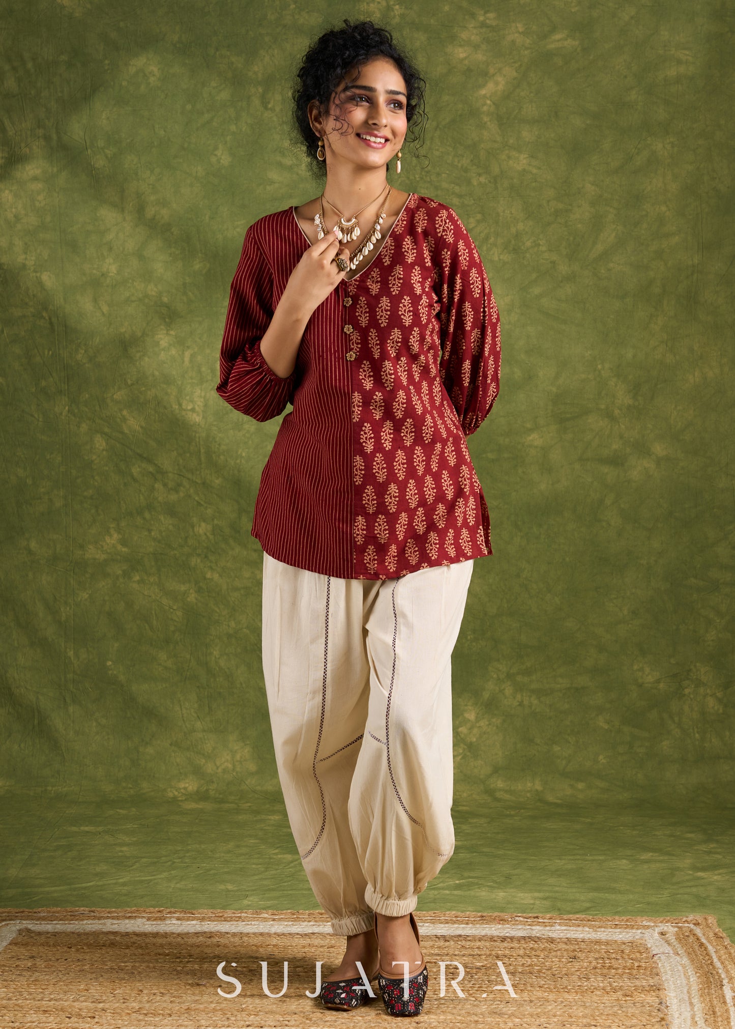 Elegant Maroon Cotton Ajrak Combination Top - Pant Optional