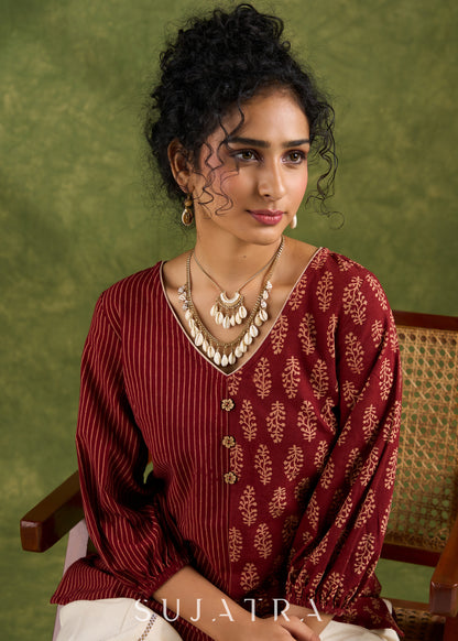Elegant Maroon Cotton Ajrak Combination Top - Pant Optional