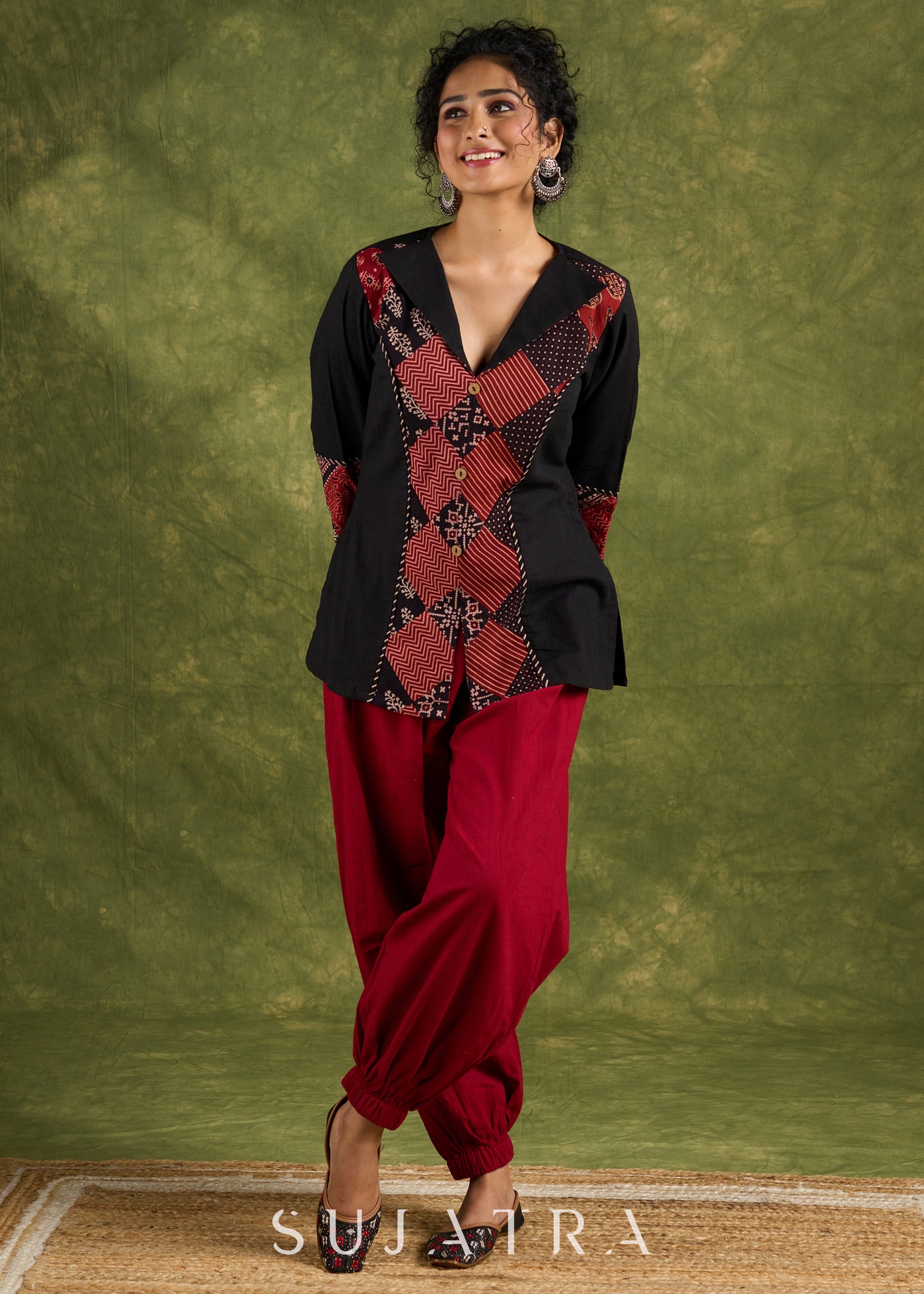 Exclusive Black Cotton Ajrak Patch Work Top - Pant Optional