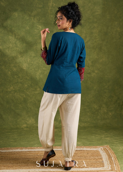 Dussehra Sale — Trendy Teal Cotton Ajrakh Combination Top - Pant Optional