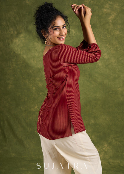 Elegant Maroon Cotton Ajrak Combination Top - Pant Optional