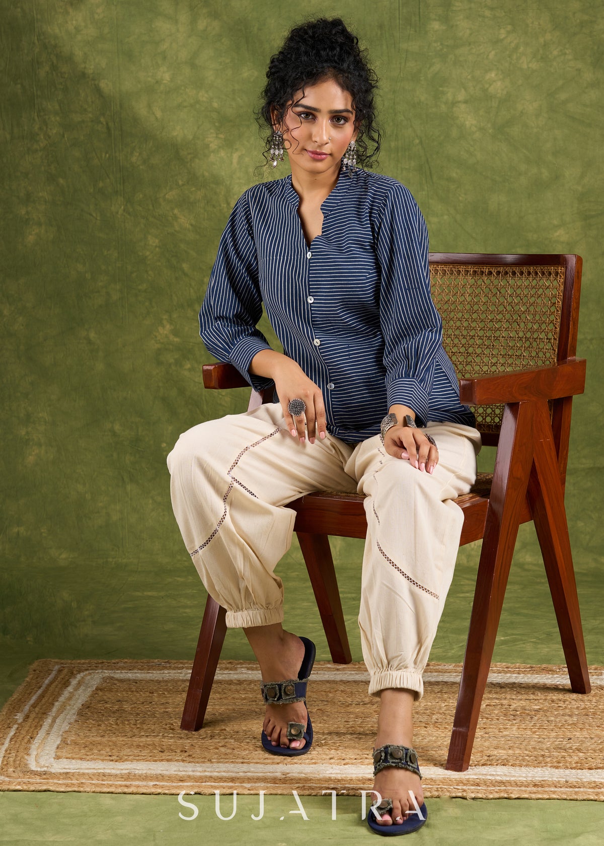 Dussehra Sale — Cotton Ajrak Top With Elegant Stripes - Pant Optional