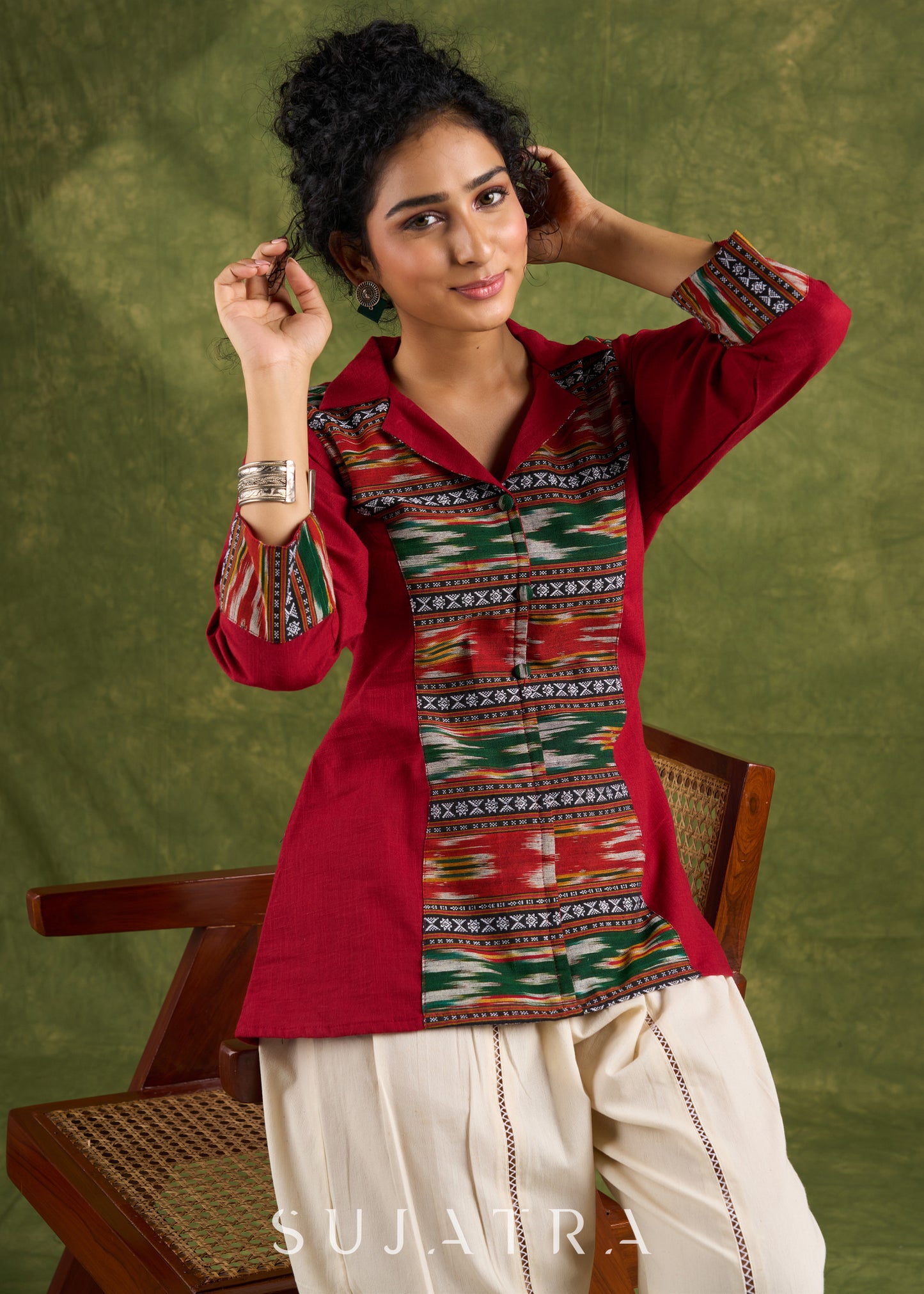 Exclusive Maroon Cotton Ikat Combination Top - Pant Optional