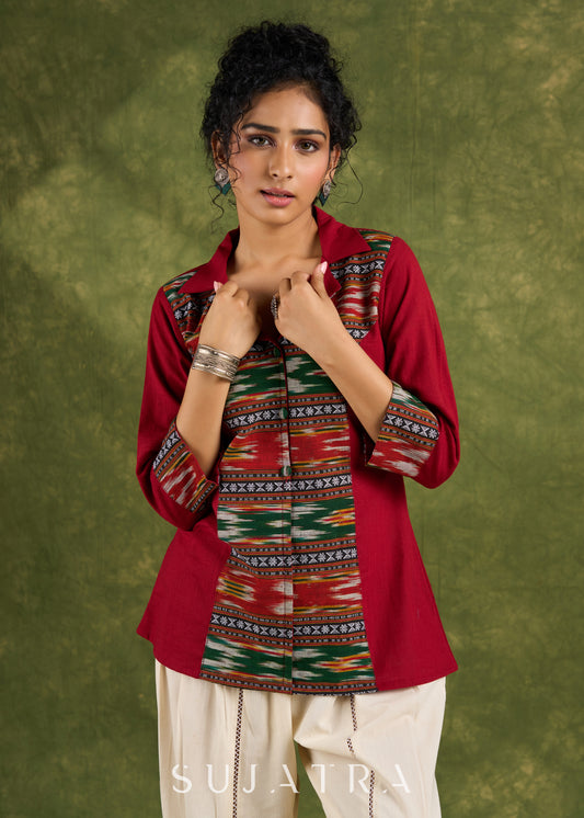 Exclusive Maroon Cotton Ikat Combination Top - Pant Optional