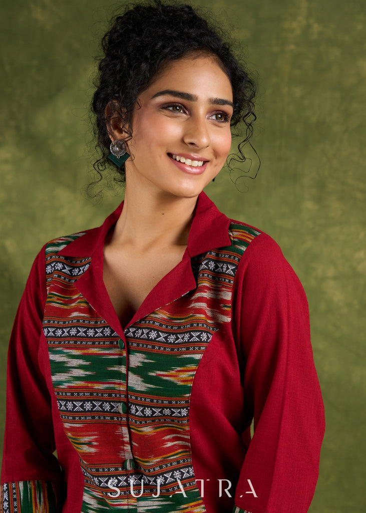 Exclusive Maroon Cotton Ikat Combination Top - Pant Optional