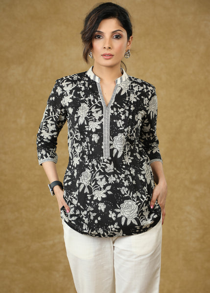 Designer Floral Black Printed Pleated Top with Mandarin Collar