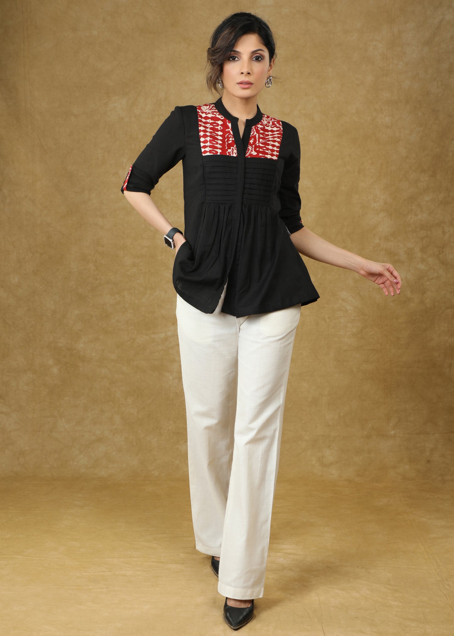 Smart Black Cotton Pleated Top with Red Detailing
