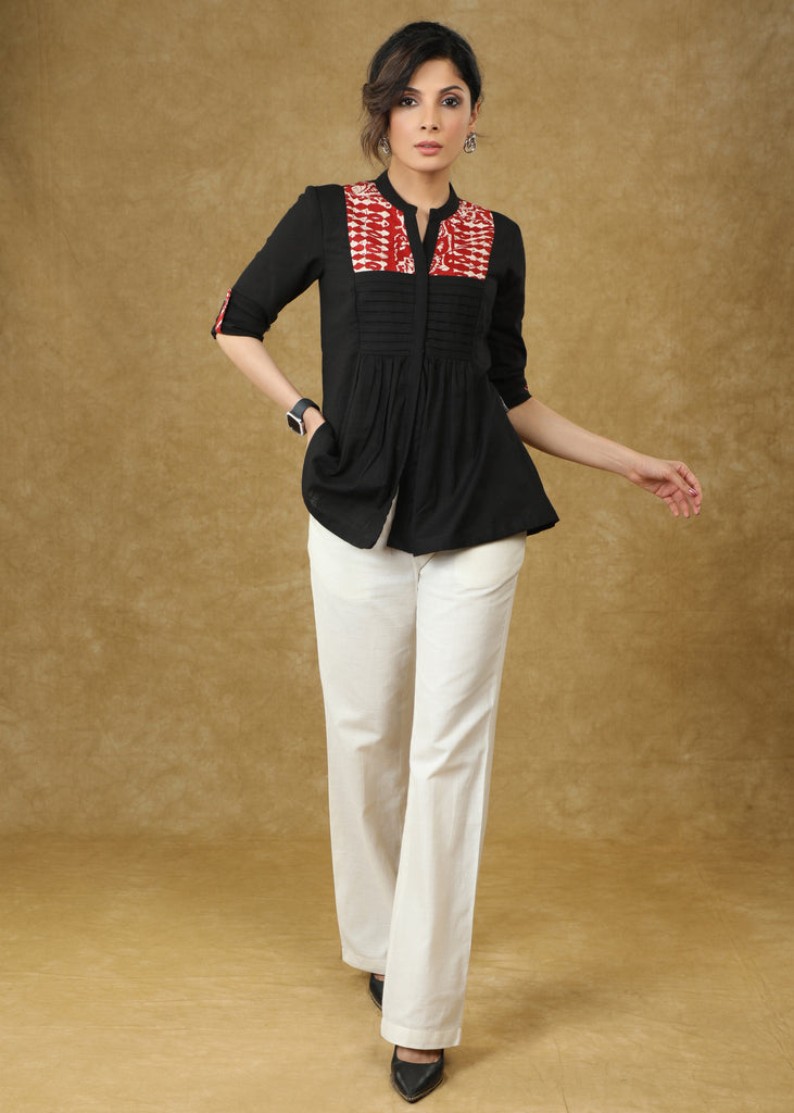 Smart Black Cotton Pleated Top with Red Detailing