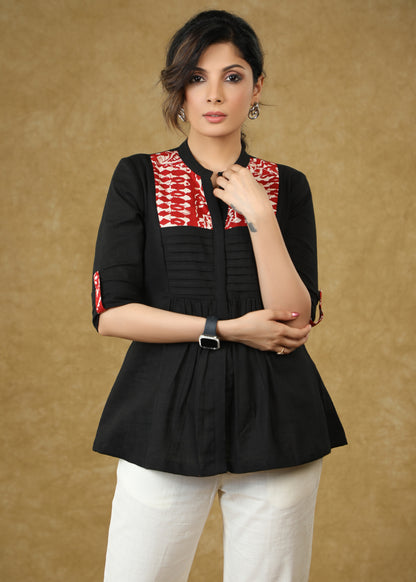 Smart Black Cotton Pleated Top with Red Detailing