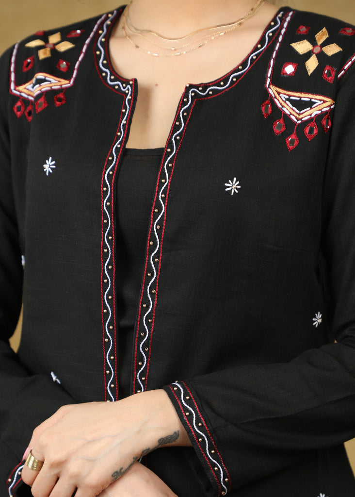 Elegant Black Hand Embroidered Jacket with Plain Black Inner