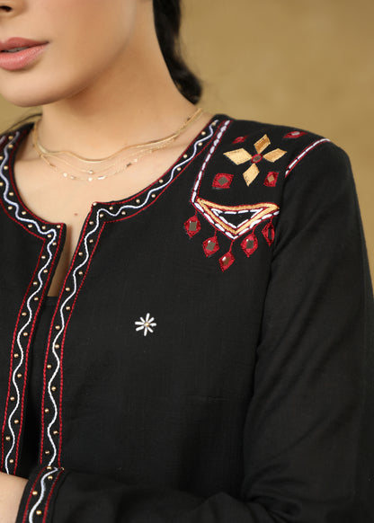 Elegant Black Hand Embroidered Jacket with Plain Black Inner