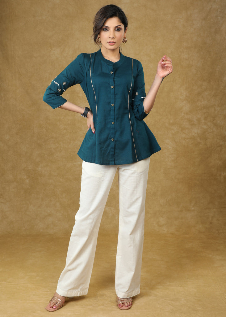 Stylish Hand Embroidered Teal Blue Cotton Top with Gold Detailing