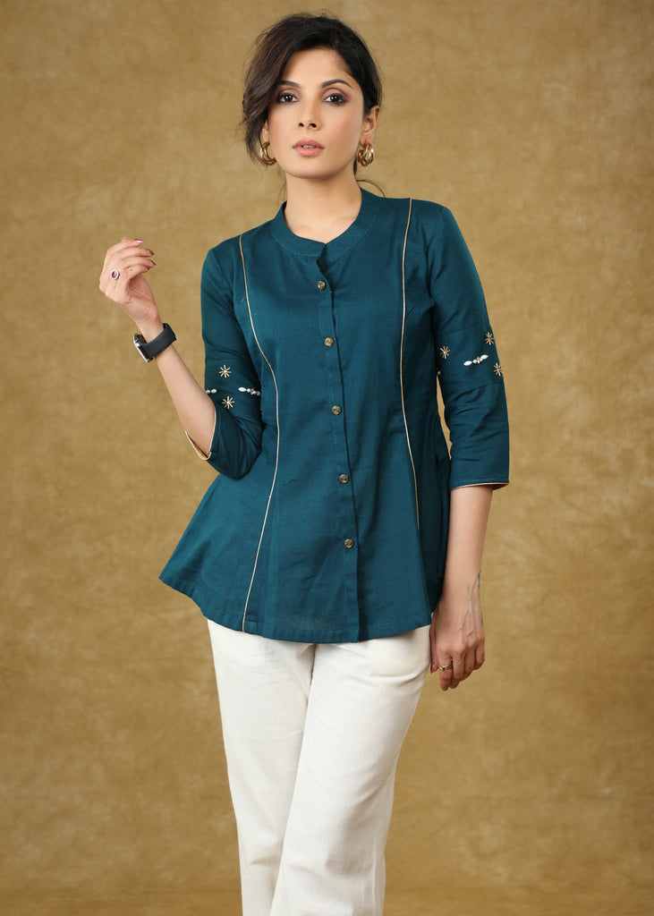 Stylish Hand Embroidered Teal Blue Cotton Top with Gold Detailing