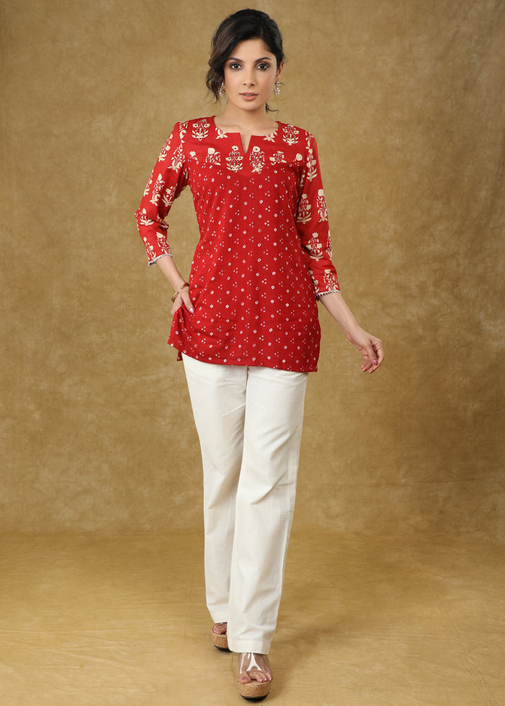 Bright Red Rayon Bandhani Printed Sequence Top