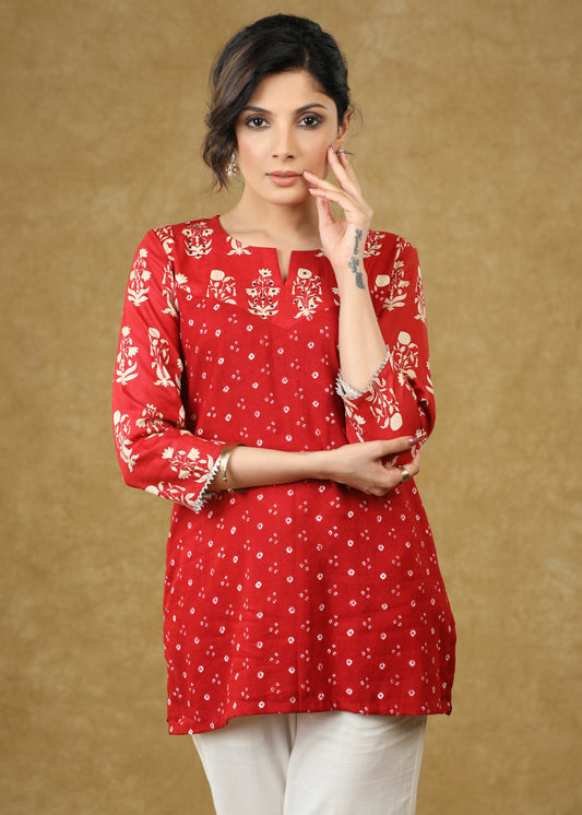 Bright Red Rayon Bandhani Printed Sequence Top
