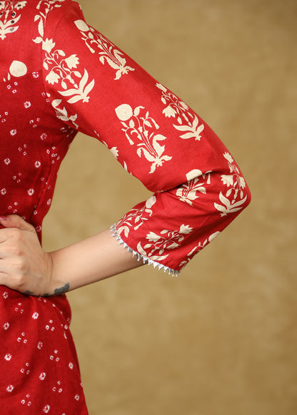Bright Red Rayon Bandhani Printed Sequence Top