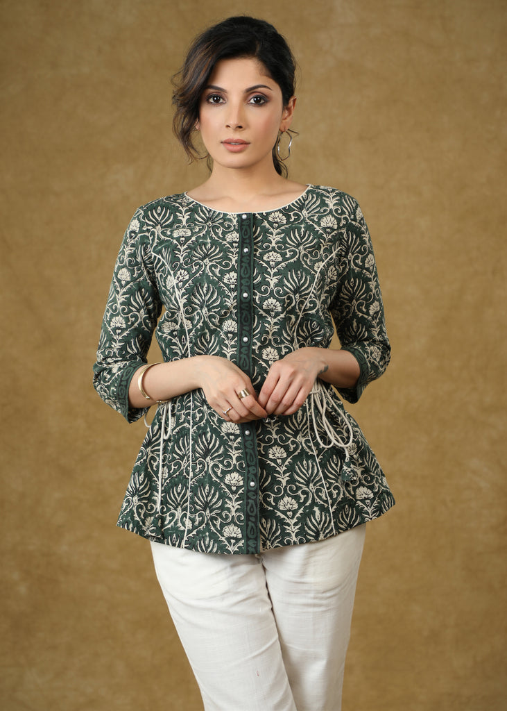Mehandi Green Block Printed Top with Drawstrings on the Sides