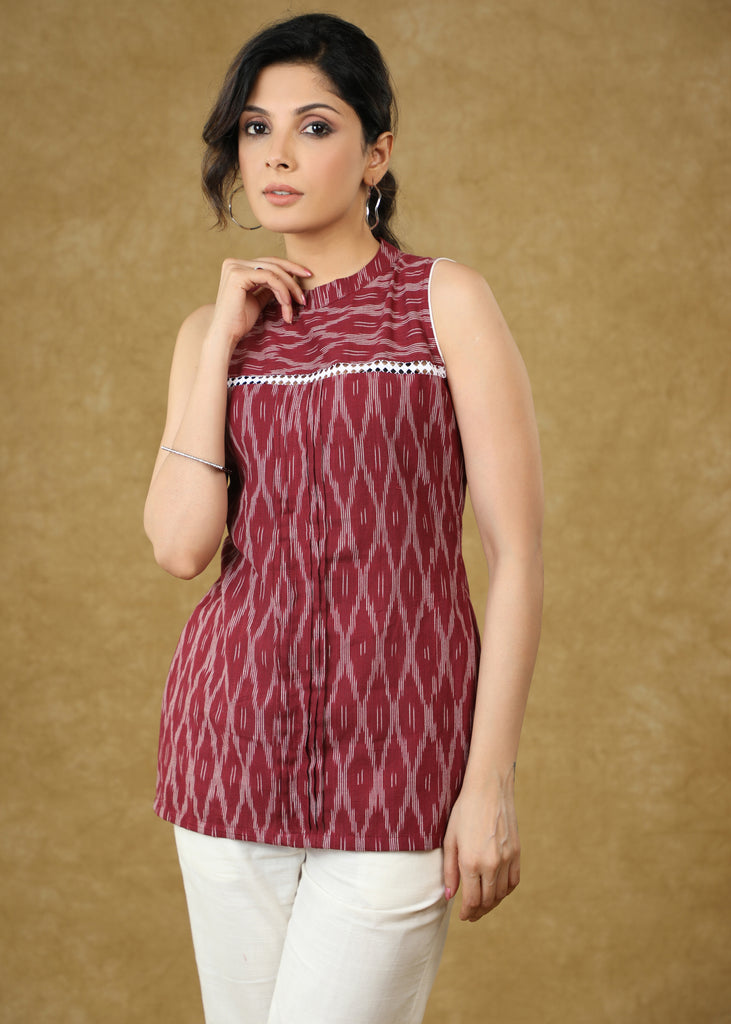 Elegant Maroon Ikat Sleeveless Cotton Top with Lace Detailing
