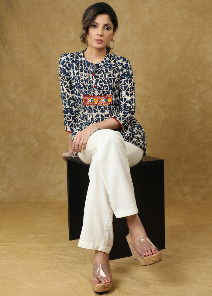 Navy Blue Rayon Printed Top with Kutch Mirrorwork & Red Buttons