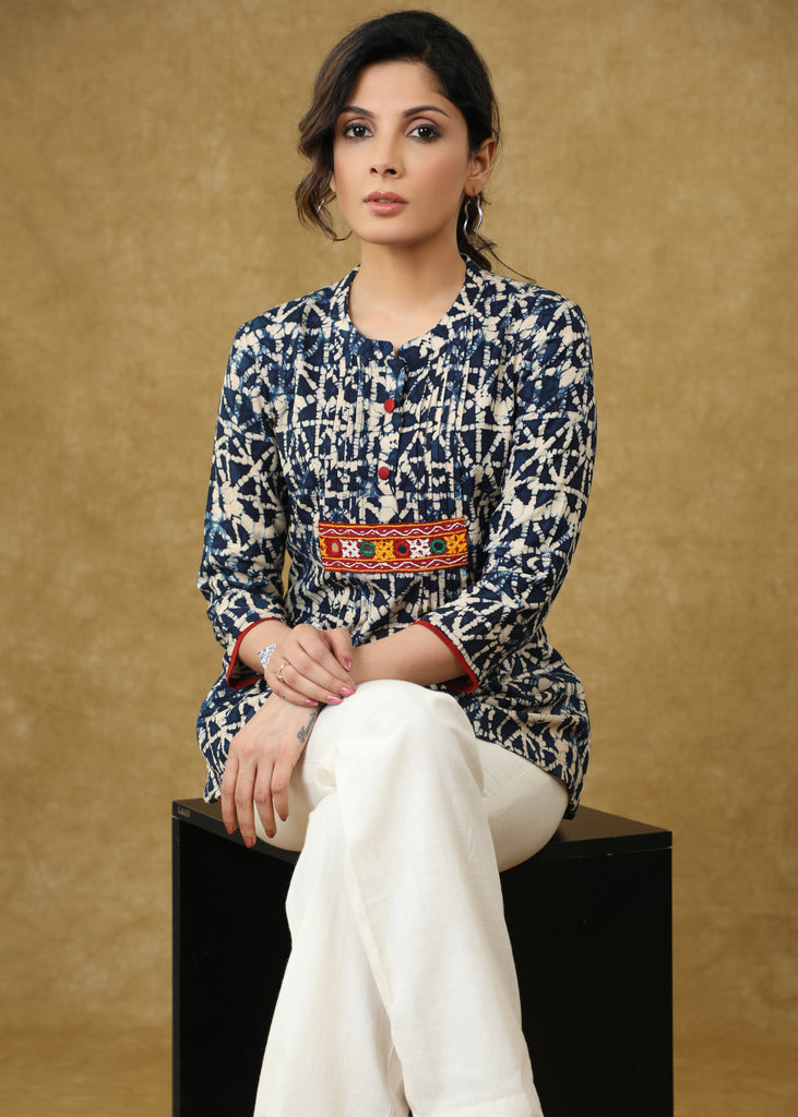 Navy Blue Rayon Printed Top with Kutch Mirrorwork & Red Buttons