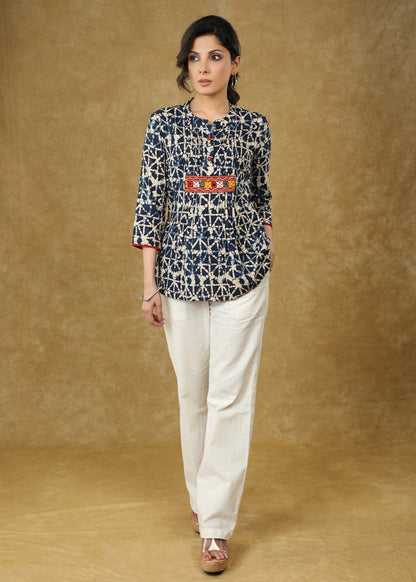 Navy Blue Rayon Printed Top with Kutch Mirrorwork & Red Buttons