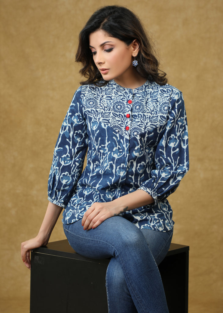 Beautiful Cotton Indigo Combination Top with Red Buttons