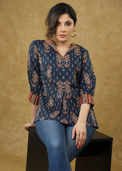 Blue Printed Gathered Sleeve Top with Smart Collar