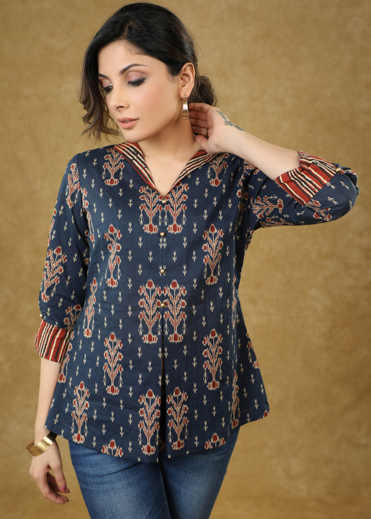 Blue Printed Gathered Sleeve Top with Smart Collar