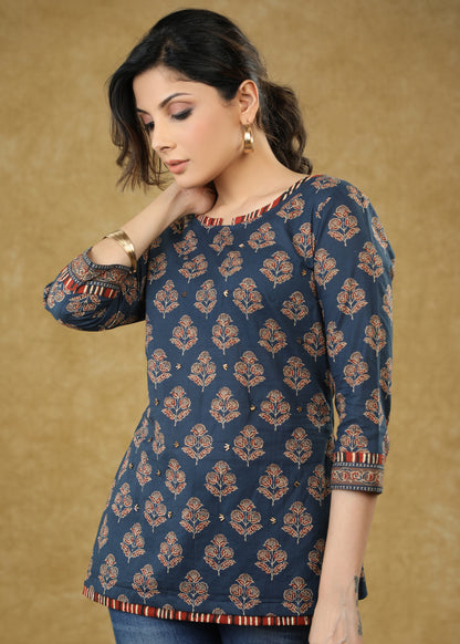 Dussehra Sale — Floral Ajrakh Printed Top Highlighted with Stones
