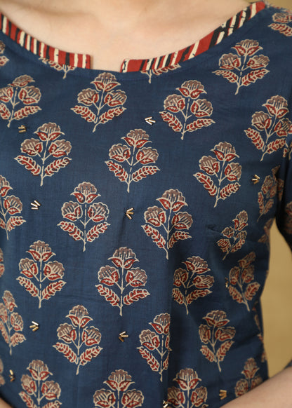 Dussehra Sale — Floral Ajrakh Printed Top Highlighted with Stones