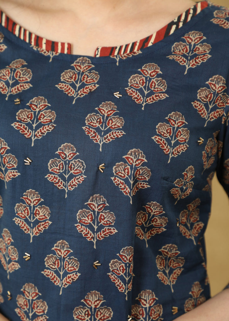 Floral Ajrakh Printed Top Highlighted with Stones