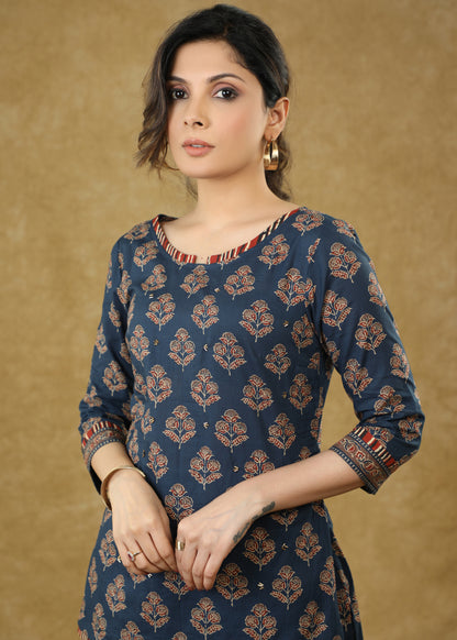 Dussehra Sale — Floral Ajrakh Printed Top Highlighted with Stones