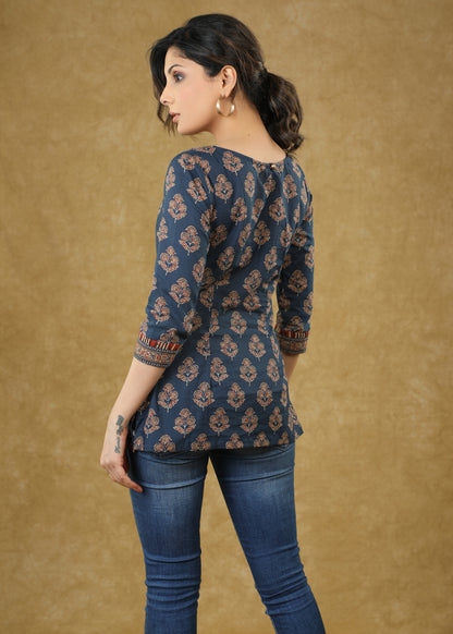 Dussehra Sale — Floral Ajrakh Printed Top Highlighted with Stones