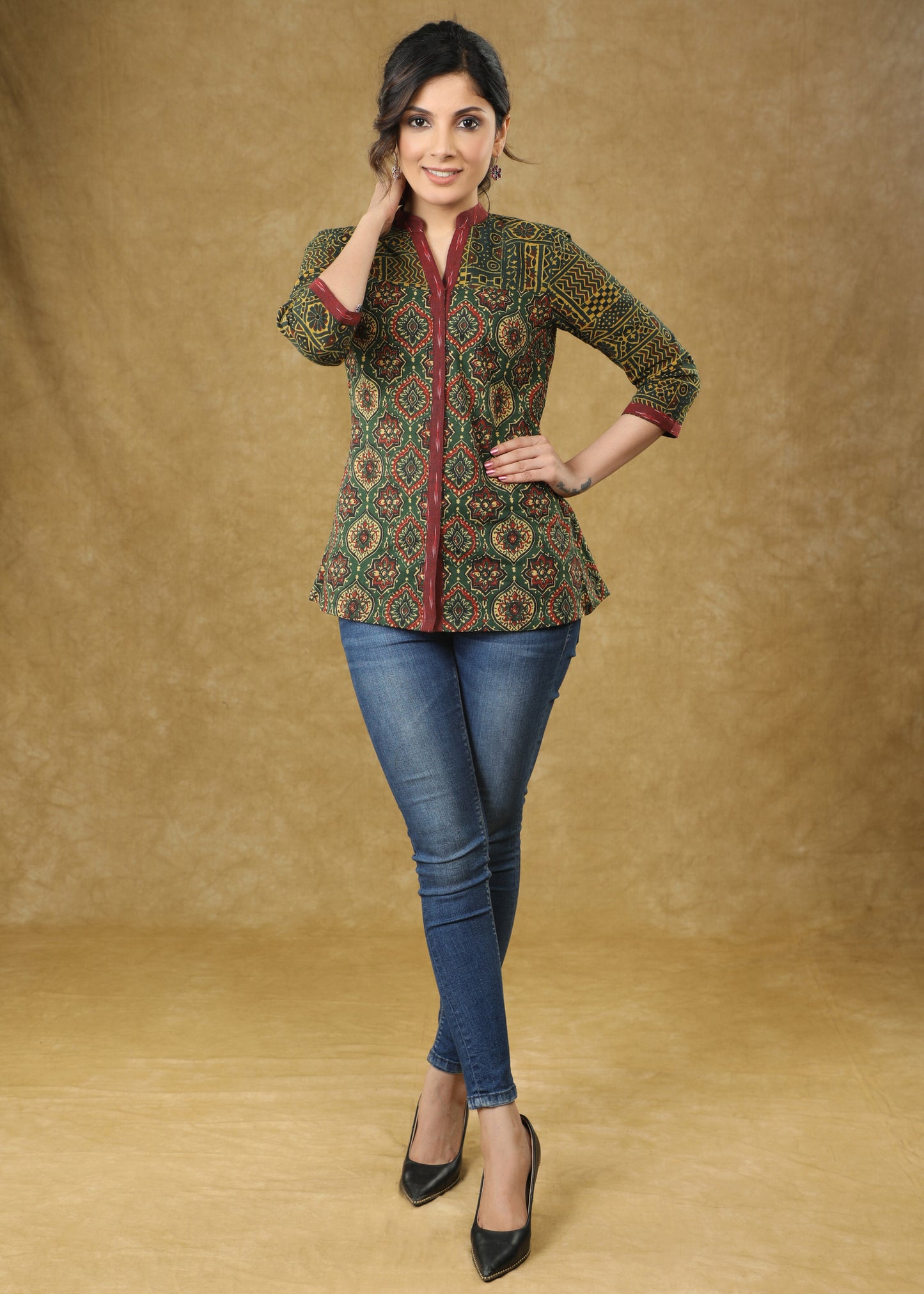 Green Ajrakh Combination Cotton Blend Top with Maroon Border