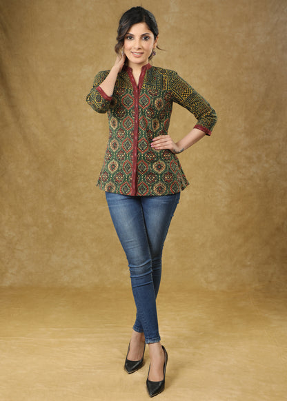 Green Ajrakh Combination Cotton Blend Top with Maroon Border