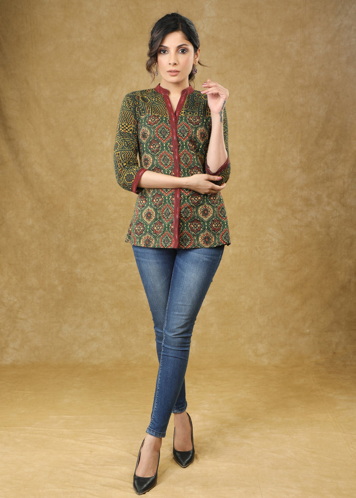 Green Ajrakh Combination Cotton Blend Top with Maroon Border